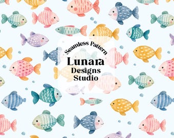 May include: A seamless digital pattern featuring watercolor illustrations of various fish in shades of pink, blue, yellow, and green on a light blue background with small bubbles. The text reads Seamless Pattern Lunara Designs Studio PNG High resolution 300 dpi.