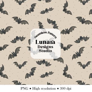 May include: A seamless pattern featuring dark gray watercolor bats scattered across a light beige background with small black dots. A central white square contains the black text Seamless Pattern Lunara Designs Studio. PNG High resolution 300 dpi.