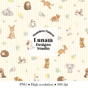 Puede incluir: Un patrón sin costuras con ilustraciones en acuarela de animales australianos, incluyendo koalas, canguros, equidnas, ornitorrincos, cucaburras y cacatúas sobre un fondo de rayas verticales amarillo claro con el texto Seamless Pattern Lunara Designs Studio.
