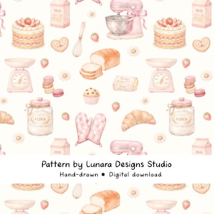 May include: Watercolor illustration of baking-themed items on a white background. The image features a pink stand mixer, cake, bread, strawberries, macarons, and a jar of flour. Other items include a whisk, oven mitts, and a scale. The text "Pattern by Lunara Designs Studio" is at the bottom.