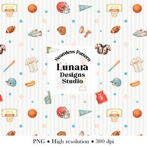 May include: A seamless pattern featuring watercolor sports illustrations including basketball hoops, football helmets, baseballs, bats, jerseys, megaphones, trophies, and hot dogs on a light blue striped background with the text Seamless Pattern Lunara Designs Studio.