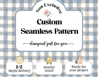 May include: A digital graphic featuring a blue and white gingham check background with a central label containing the text Non-Exclusive Custom Seamless Pattern designed just for you by Lunara Designs Studio, with icons for delivery, quality, and project readiness.