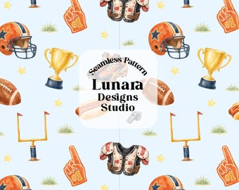 May include: A seamless pattern featuring watercolor illustrations of American football gear including helmets, shoulder pads, trophies, footballs, goal posts, foam fingers, and hot dogs on a light blue background with small yellow stars and grass.