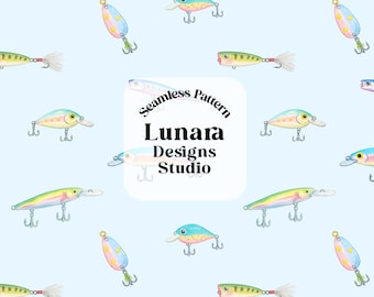 Puede incluir: Un patrón continuo con varios señuelos de pesca coloridos sobre un fondo azul claro. El cuadrado blanco central muestra el texto negro Seamless Pattern Lunara Designs Studio. El texto inferior dice PNG High resolution 300 dpi.