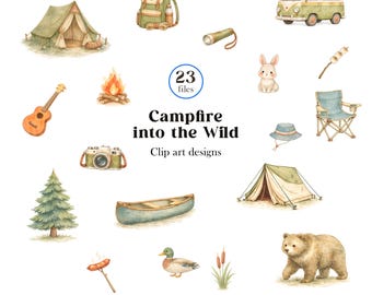 May include: A collection of watercolor camping-themed clip art designs featuring a tent, backpack, camper van, flashlight, guitar, campfire, camera, canoe, pine tree, bear, duck, and camping gear with the text Campfire into the Wild Clip art designs.