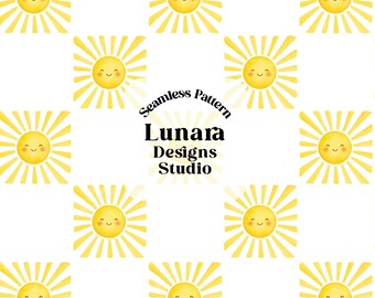 May include: A seamless pattern featuring yellow suns with smiling faces and radiating rays arranged in a grid on a white background. The text Seamless Pattern Lunara Designs Studio is centered, with PNG High resolution 300 dpi at the bottom.