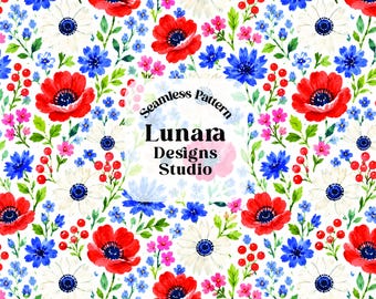 May include: A seamless pattern featuring watercolor illustrations of red poppies, white anemones, blue cornflowers, and small pink blossoms with red berries on a white background. The text reads Seamless Pattern Lunara Designs Studio.