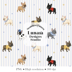 Watercolor French Bulldog Seamless Pattern | Cute Puppy Dog Blue Stripe Background | Digital Download PNG