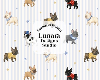 Watercolor French Bulldog Seamless Pattern | Cute Puppy Dog Blue Stripe Background | Digital Download PNG