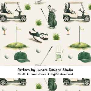 Puede incluir: Patrón de acuarela con elementos de golf: carritos, pelotas, zapatos, bolsas, sombreros y palos. El diseño incluye un guante de golf y hierba. El texto dice "Pattern by Lunara Designs Studio".
