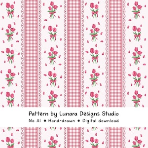 Rosa Tulip Gingham Cottagecore Nahtloses Muster, Romantischer Valentine Frühling Floral Digital Design