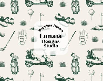Puede incluir: Un patrón sin costuras con ilustraciones dibujadas a mano en verde oscuro de carritos de golf, bolsas de golf, pelotas en tees, zapatos de golf, palos y hierba sobre fondo crema. El texto dice Seamless Pattern Lunara Designs Studio.