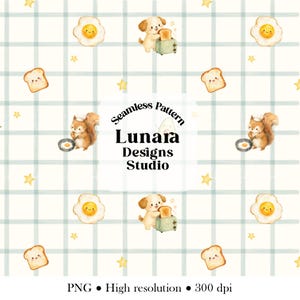 Può includere: Un motivo senza cuciture con illustrazioni ad acquerello di articoli per la colazione e animali. Il design include uova fritte sorridenti, toast, scoiattoli e cuccioli con tostapane, su uno sfondo a quadri azzurri con stelle gialle. Sono inclusi anche i testi "Seamless Pattern" e "Lunara Designs Studio".
