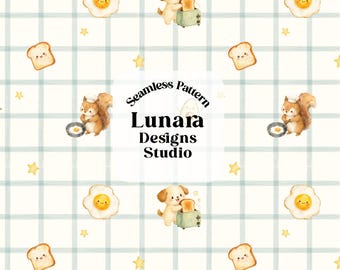 May include: A seamless pattern featuring watercolor illustrations of breakfast items and animals. The design includes smiling fried eggs, toast, squirrels, and puppies with toasters, set against a light blue plaid background with yellow stars. The text "Seamless Pattern" and "Lunara Designs Studio" are also included.