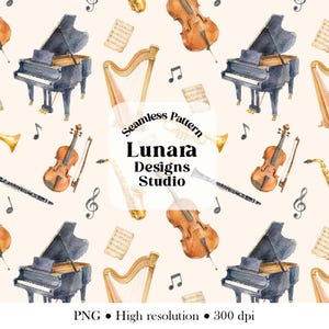 May include: A seamless pattern featuring watercolor illustrations of black grand pianos, brown violins, harps, saxophones, clarinets, and musical notes on a cream background. The text "Seamless Pattern Lunara Designs Studio" is centered.
