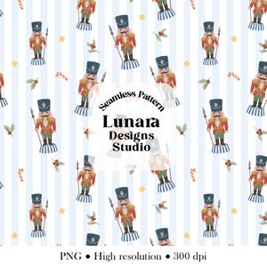 May include: A seamless pattern featuring repeating illustrations of nutcrackers in red and green uniforms, standing on blue and white striped pedestals, interspersed with yellow stars, holly sprigs, and candy canes on a light blue striped background.