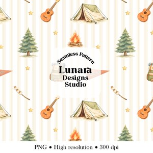 May include: A seamless pattern featuring watercolor illustrations of camping tents, acoustic guitars, pine trees, campfires, marshmallows on sticks, and yellow stars on a white background with vertical beige stripes. Text reads Lunara Designs Studio.