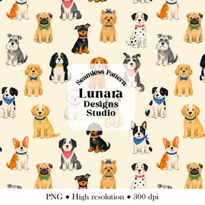May include: A repeating pattern showcasing different dog breeds in a watercolour style. The dogs are adorned with bow ties or bandanas. The background is a light beige. The text "Seamless Pattern" and "Lunara Designs Studio" are also visible within the design.