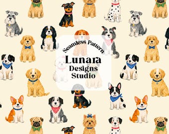 Motif aquarelle sans couture chien, chiot mignon amoureux des animaux de compagnie motif répétitif, création de tissu pour chambre de bébé |  Papier numérique PNG