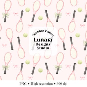 May include: A seamless pattern featuring pink tennis rackets, light green tennis balls, and small pink bows on a pale pink background. The center text reads Seamless Pattern Lunara Designs Studio. The bottom text reads PNG High resolution 300 dpi.