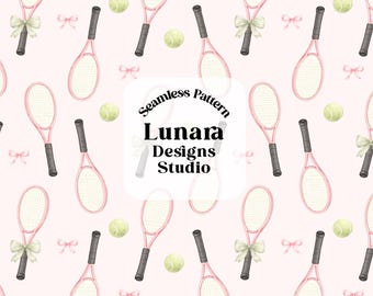 May include: A seamless pattern featuring pink tennis rackets, light green tennis balls, and small pink bows on a pale pink background. The center text reads Seamless Pattern Lunara Designs Studio. The bottom text reads PNG High resolution 300 dpi.