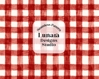 May include: A seamless pattern featuring a red and white watercolor gingham check design. A central white square overlay displays the black text Seamless Pattern Lunara Designs Studio. The bottom includes the text PNG High resolution 300 dpi.