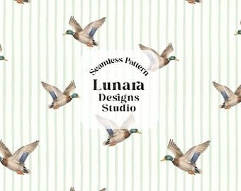 May include: A seamless pattern featuring watercolor mallard ducks in flight against a background of vertical light green stripes. The center displays the text Seamless Pattern Lunara Designs Studio. The bottom text reads PNG High resolution 300 dpi.