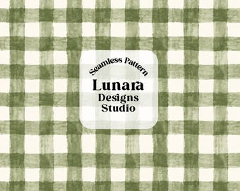 May include: A seamless pattern featuring a watercolor-style olive green gingham check on a cream background. Centered text reads Seamless Pattern Lunara Designs Studio. Bottom text reads PNG High resolution 300 dpi.