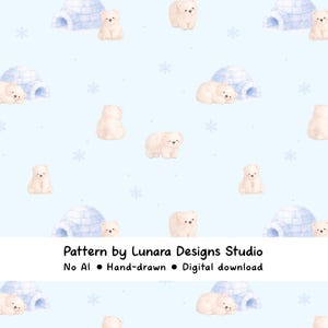 May include: A light blue seamless pattern featuring watercolor illustrations of polar bears, igloos, and snowflakes. The polar bears are depicted in various poses, and the igloos are a light blue color. The pattern is hand-drawn and available as a digital download.