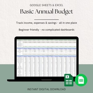 Könnte beinhalten: Ein Laptop zeigt eine Tabelle mit dem Titel "Basic Annual Budget" mit dem Text "Track income, expenses & savings - all in one place." Excel- und Google Sheets-Symbole sind vorhanden, sowie "Instant Digital Download."