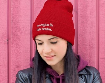 ACLU Benefit | “No Cages in this Realm” Red Resistance Knit Pom Beanie | Romantasy Inspired Embroidered Hat