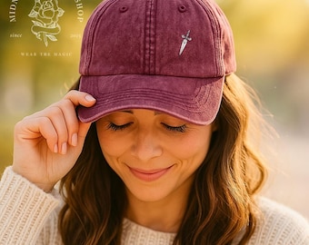 Delicate Dagger Hat | Off‑Center Minimalist Embroidery, Vintage Twill Dad Cap, Romantasy Inspired