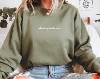 Reading Is My Favorite Sport Minimalist Embroidered Crewneck | Book Lover Sweatshirt | Romantasy Reader Gift | Cozy Reader Sweater