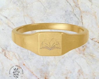 Bookish Open Book Signet Ring • Romantasy Engraved Minimalist Jewelry