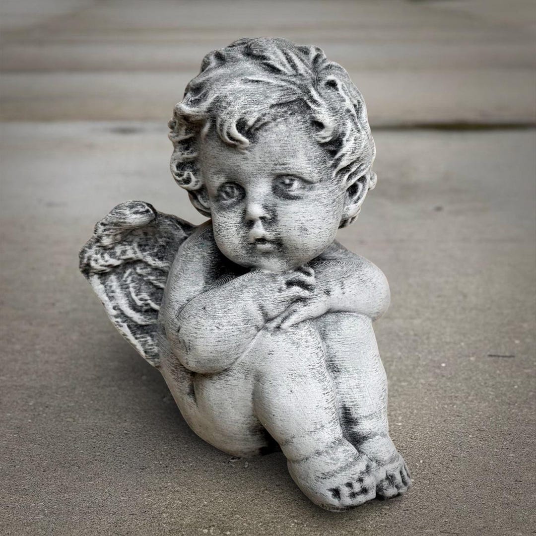 Concrete Look Cherub Figurine Baby Angel Statue Garden Memorial ...