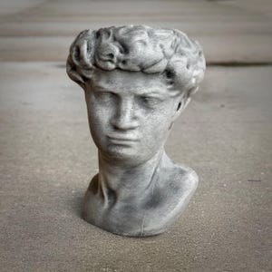 May include: A gray bust of a classical male figure, likely a sculpture. The head and upper torso are visible, with detailed facial features and curly hair. The sculpture is made of a solid material and sits on a textured surface.