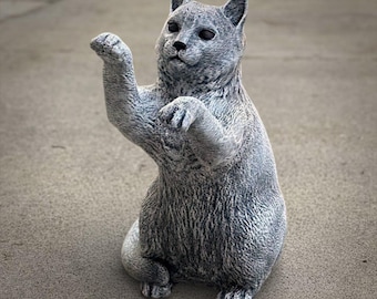 Happy Cat Figurine Gray Kitten Statue Animal Sculpture Decorative Patio Accent Pet Lover Gift Cheerful Garden Art Outdoor Ornament