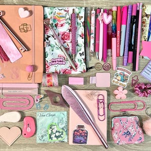 Pu&ograve; includere: Una collezione di articoli di cancelleria nei toni del rosa che include un taccuino, penne, pennarelli, segnalibri, graffette, foglietti adesivi e vari adesivi. Gli articoli presentano motivi floreali, forme a cuore e testi sui libri.