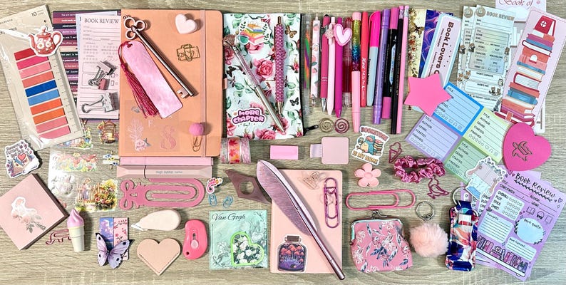 Pu&ograve; includere: Una collezione di articoli di cancelleria nei toni del rosa che include un taccuino, penne, pennarelli, segnalibri, graffette, foglietti adesivi e vari adesivi. Gli articoli presentano motivi floreali, forme a cuore e testi sui libri.