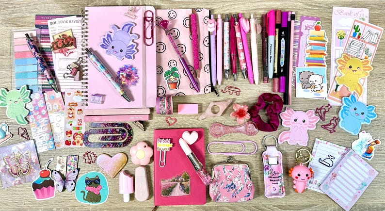 Pu&ograve; includere: Una collezione di articoli di cancelleria che include quaderni a spirale rosa, varie penne, pennarelli e adesivi con motivi di axolotl, gatti e farfalle. Sono inclusi anche graffette, un piccolo portamonete floreale e un portachiavi.