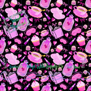 May include: A seamless pattern featuring pink illustrations on a black grid background. The design includes teacups, cupcakes, perfume bottles, books, hearts, bows, sleep masks, and lipstick. The text "Instant Download" and "Seamless from Indigo Wild Supply Co" is present.