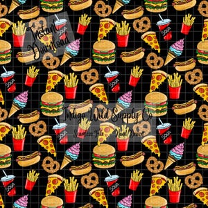 Junk Food Seamless Pattern: Pizza, Burger, Fries (300 DPI PNG Digital Download)