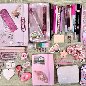 Pu&ograve; includere: Una collezione di articoli di cancelleria rosa che include due quaderni, un astuccio, varie penne, pennarelli, graffette, foglietti adesivi, segnalibri, una piccola pochette, un elastico per capelli e adesivi decorativi con motivi floreali, farfalle e libri.