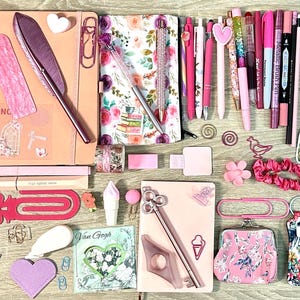 Pu&ograve; includere: Una collezione di articoli di cancelleria rosa e floreali che include quaderni, penne, segnalibri, foglietti adesivi, graffette e schede per recensioni di libri. L'assortimento presenta varie tonalit&agrave; di rosa, motivi floreali e piccoli elementi decorativi.