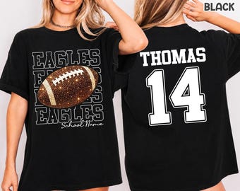 Custom Football Comfort Colors® T Shirt, Personalized Team Name Number Tee, Faux Glitter Football Mom Shirt, Game Day School Spirit Gift