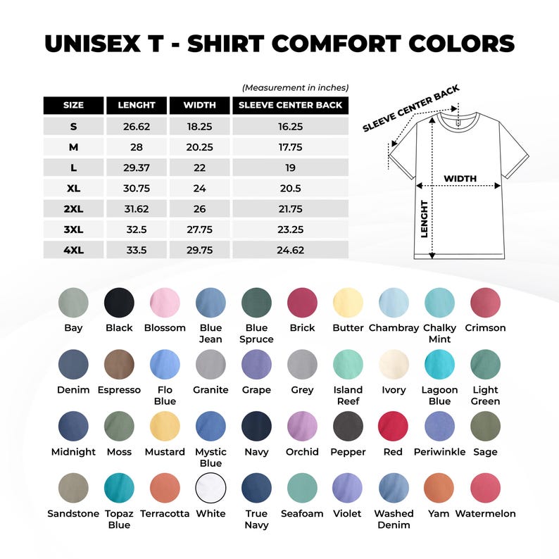 K&ouml;nnte beinhalten: Eine Gr&ouml;&szlig;entabelle f&uuml;r Unisex Comfort Colors T-Shirts mit Ma&szlig;en in Zoll f&uuml;r die Gr&ouml;&szlig;en S bis 4XL, einer Skizze zur L&auml;nge, Breite und &Auml;rmell&auml;nge sowie einer Farbpalette mit 40 beschrifteten, kreisf&ouml;rmigen Farbmustern zur Auswahl.