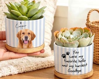 Personalized Dog Memorial Plant Pot, Custom Striped Pet Photo Flower Pot, Your were my favorite hello, Loss of Pet Gift