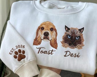 Custom Embroidered Dog Cat Portrait Sweatshirt, Personalized Name Pets Photo Crewneck, Gift for Pet Lovers, Dog Face Hoodie with Name