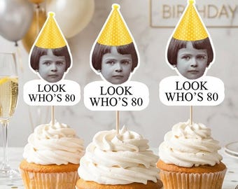 Custom Face Cupcake Toppers, Personalized 80th Birthday Photo Party Decor,  Head Cutouts for Birthdays, Happy Birthday Cupcakes