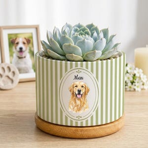 May include: A cylindrical ceramic planter with a light green and white vertical striped pattern, featuring a central oval graphic of a golden retriever and the name Max. The planter sits on a circular wooden base and holds a green succulent.